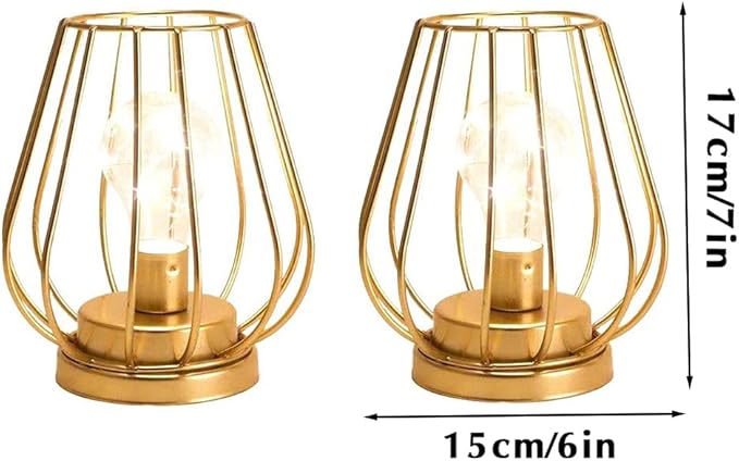 TRIROCKS Set of 2 Metal Battery Operated Lamp 7'' Tall Cage Shape Cordless Table Lamp Battery Lanterns with Warm Fairy Lights Bulb for Patio Garden Wedding Parties Indoor Outdoor(Gold)