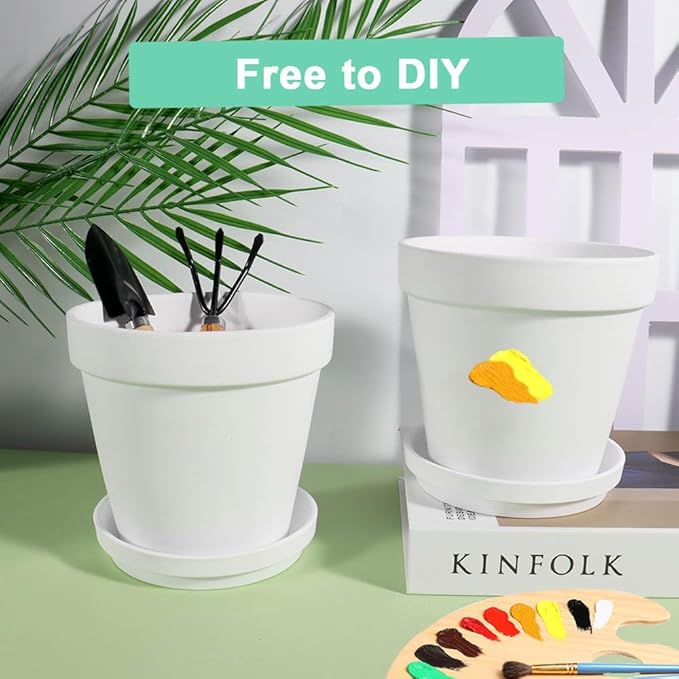 vensovo 8 Inch White Clay & Terracotta Pots for Plant with Saucer - 2 Pack Large Ceramic Terra Cotta Planter with Drainage Hole, Clay Flower Pot with Tray for Indoor Outdoor Plants