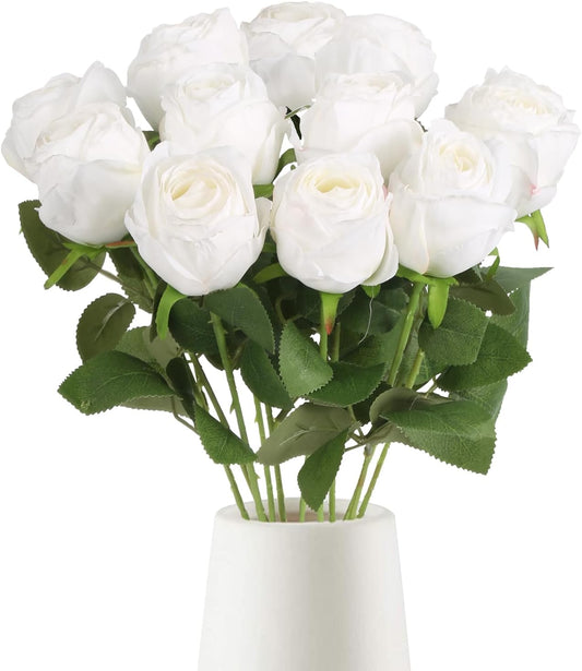 12 pcs White Roses Artificial Flowers Vintage Burnt Edge Rose 20" Realistic Silk Roses Bouquet with Long Stem for Wedding Party Floral Centerpieces Decoration (White)