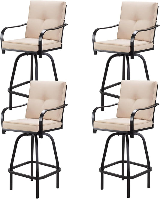 Patio Swivel Bar Stools Set of 4, Outdoor Bar Height Patio Swivel Chairs with Cushion for Garden Balcony Backyard (Beige)