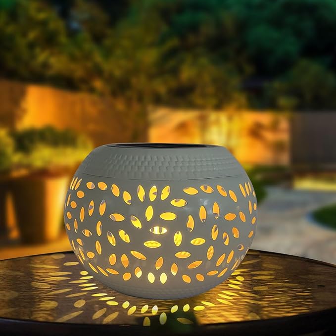 Solar Table Light Outdoor Waterproof- Solar Powered LED Lamp Hollowed-Out White Metal Desktop Decorative Lantern for Indoor Desk Bedroom Patio Garden Pathway Yard