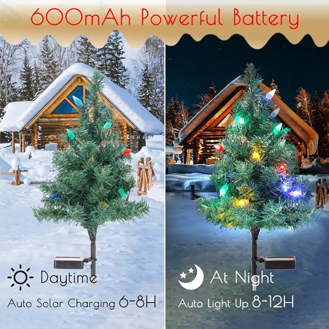 Solar Christmas Tree Lights Decorations - Outdoor Waterproof Xmas Pathway Stake With 20 Strawberry LED in 4 Colors for Garden/Patio/Lawn/Yard, Ornament 2 Packs