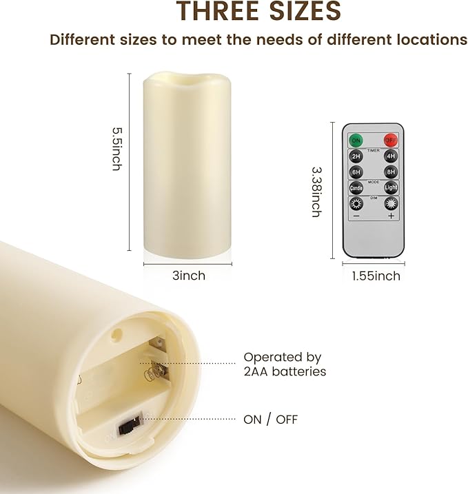 Waterproof Flameless Remote Control Candles 2PACK(D3''*H5.5'')Battery Operated Flickering LED Pillar Candle,plastic with 10-Key 24Hours Timer for Outdoor/Indoor Party Garden Lanterns Porch Ivory
