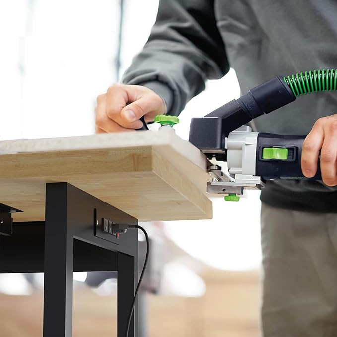 60" Adjustable Height Workbench, Heavy-Duty Work Bench Table with Locking Wheels, Portable Chipboard Work Table with Drawer & Power Outlets, for Repair Shop, Garage, Workshop, Office