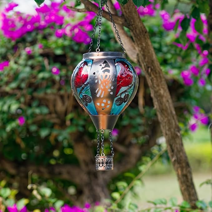 Cardinal Solar Hanging Lanterns Hot Air Balloon, Solar Outdoor Lanterns with Flame Decor for Garden Yard Patio, Cardinal Solar Lights Birthday Gift for Mom