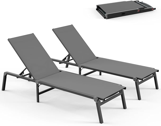Pool Lounge Chairs Set of 2, Foldable Aluminum Chaise Lounge Outdoor with 5 Positions Recliner - Free Assembly - Patio Chaise Lounge Chair for Poolside, Beach, Yard (Darkgray, 2 Pack)