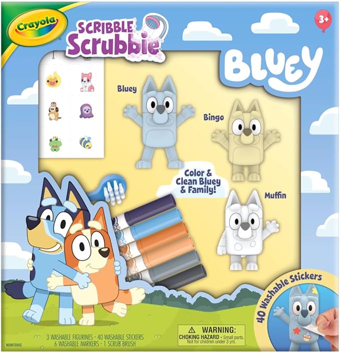 Crayola Scribble Scrubbies Deluxe Bluey Playset (3ct), Toddler Arts & Crafts Kit, Washable Stickers, Bluey Toys, Coloring Gift for Kids, Ages 3+