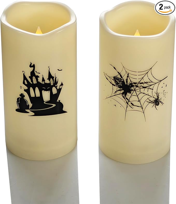Halloween Outdoor Battery Operated Flameless Pillar Candles with Auto Daily Timer Waterproof Realistic Flickering Electric LED Lights with Spider Castle Decals Halloween Decorations 2 Pack 3X6”