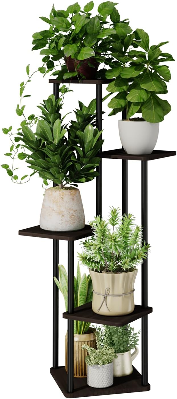 5 Tiered Plant Stand Indoor Corner Plant Shelf for Multiple Plants for Patio Garden Balcony Living Room Bedroom, Tall Metal Flower Pots Stand Relaxing for Women Gift Black Oak