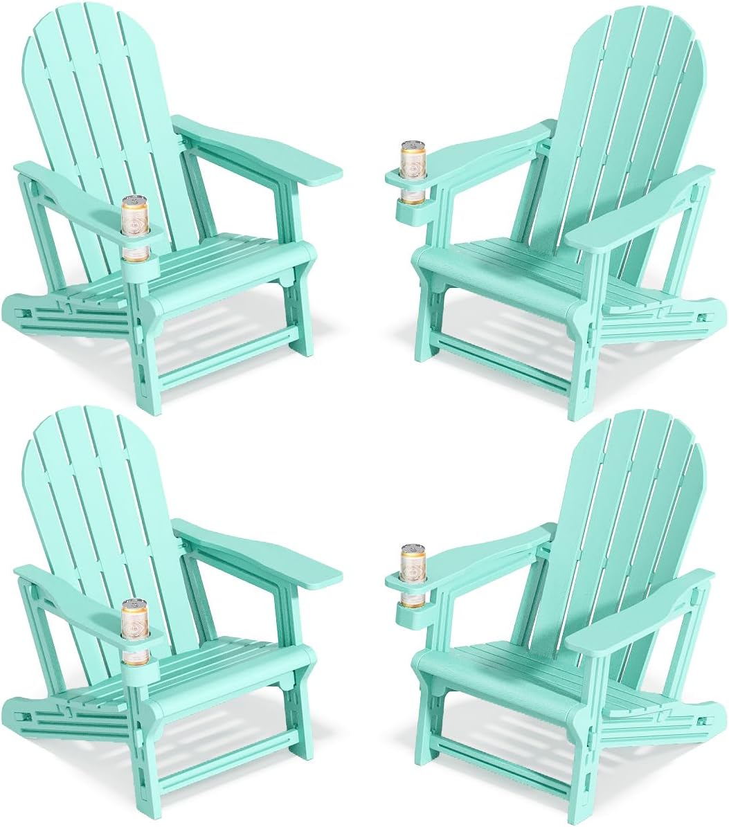 Adirondack Chairs Set of 4, Tool-Free Assembly All-Weather Plastic Adirondack Chairs, HDPE Fire Pit Chairs with Cup Holder, Outdoor Chair for Patio Garden (Aruba)