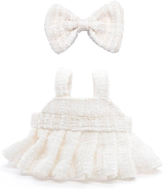 Clothes for 17cm Dolls, Premium Handmade Dolls Accessories with Chic Grid Bow Spaghetti-Strap Dress Set, High-End Fashion Outfit for Play & Display - White (No Doll)
