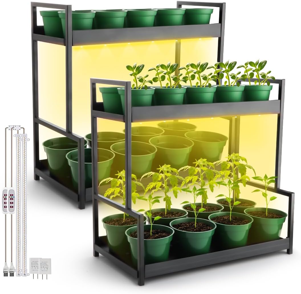 2-Pack Dual Tier Plant Stand with Grow Light and Green Plastic Nursery Pots for Plants, Indoor Gardening Kit for Herbs, Succulents, Seedlings & Small Plants Gardening Gifts