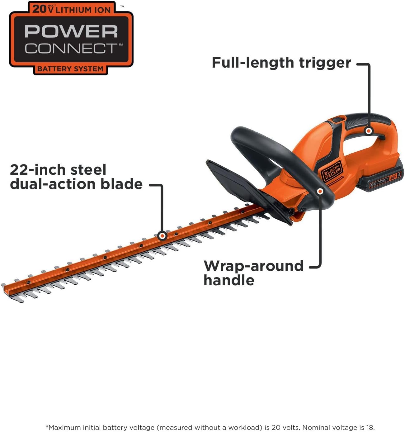 BLACK+DECKER 20V MAX Cordless Hedge Trimmer, 22 Inch Steel Blade, Reduced Vibration, Battery and Charger Included (LHT2220)