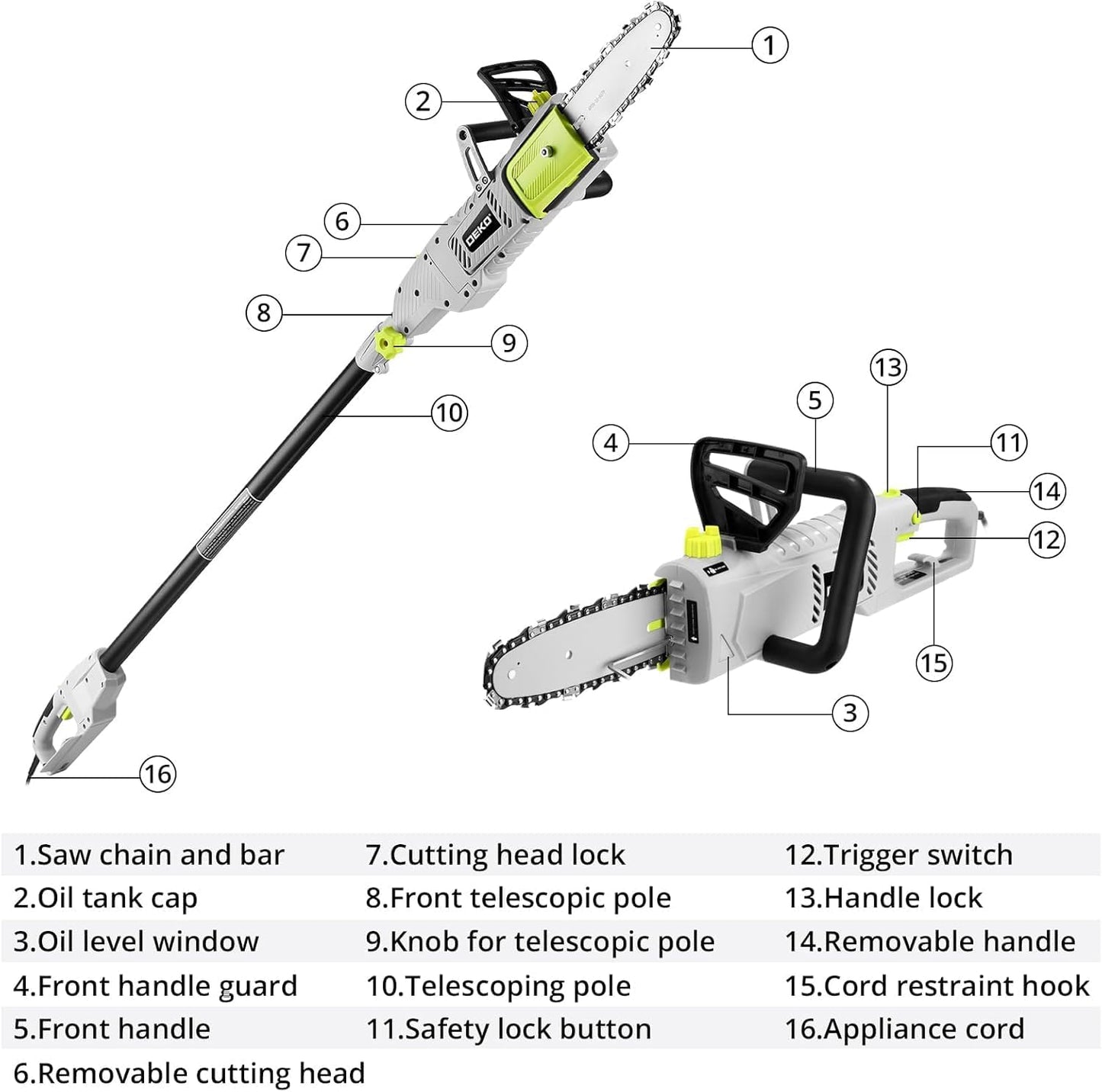 DEKOPRO 8 Amp 10" Electric Pole Saw for Tree Trimming,Corded Electric Chainsaw,Power Chain Saw for Tree Trimming Wood Cutting