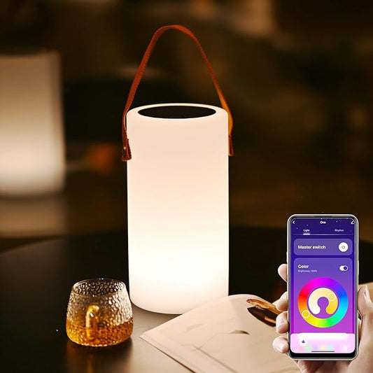 Solar Table Lamp, Portable Lamp for Outdoor/Indoor, Smart Outdoor Lantern with APP Control, RGB 8 Color Dimmable, Waterproof Cordless Lamp for Outside Patio Deck Camping