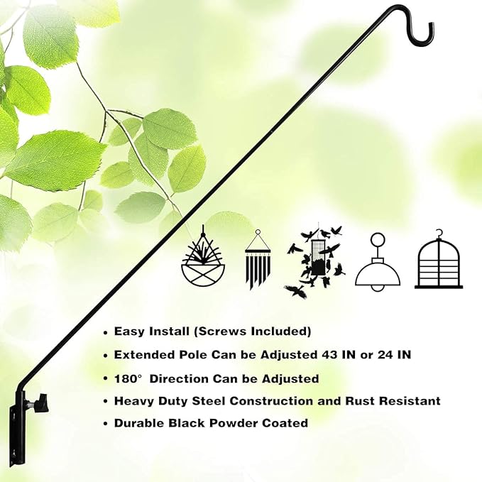MIXXIDEA Heavy Duty Extended Reach Wall Mounted Deck Hook Wall Pole, Wall Bracket Direction and Length Adjustable Plant Bracket for Bird Feeders, Planters, Suet Baskets, Lanterns, Wind Chimes,Black