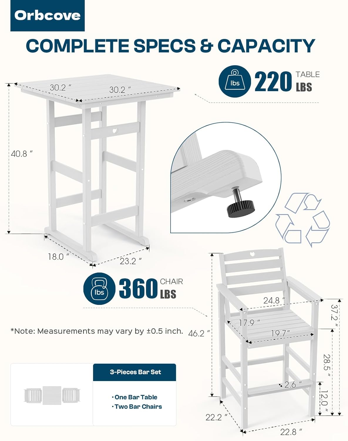 Tall Adirondack Chairs Set of 2, HDPE Wood Balcony Adirondack Chairs Set with Heart Cutout Design, Weather-Resistant Bar Height Furniture for Deck, Porch, Pool (White)