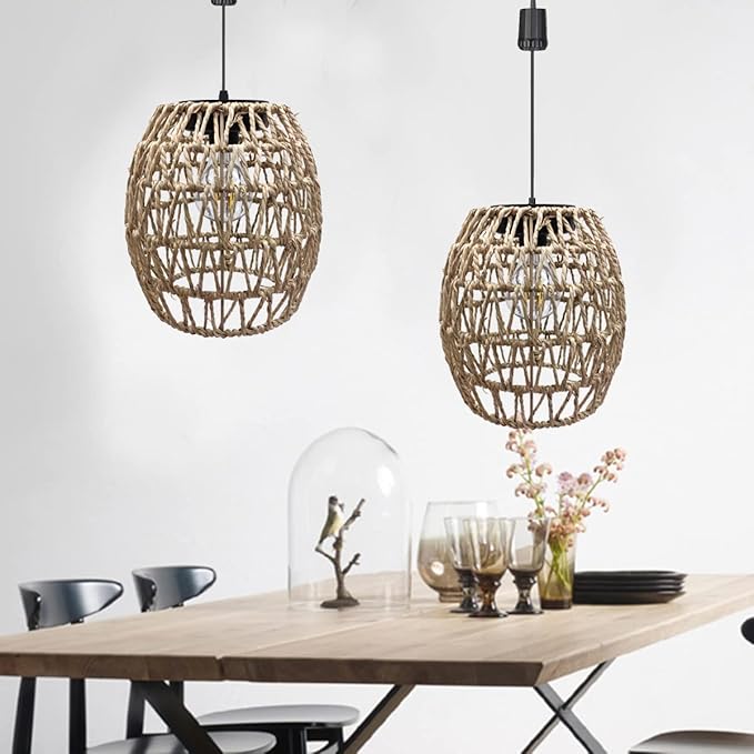 6 Hours Timer Battery Operated Outdoor Hanging Light Seagrass Woven Waterproof Porch Gazebo Patio Pendant Lantern Chandelier Lighting Decorative Hollow-Out Auto On/Off Warm White Bulb