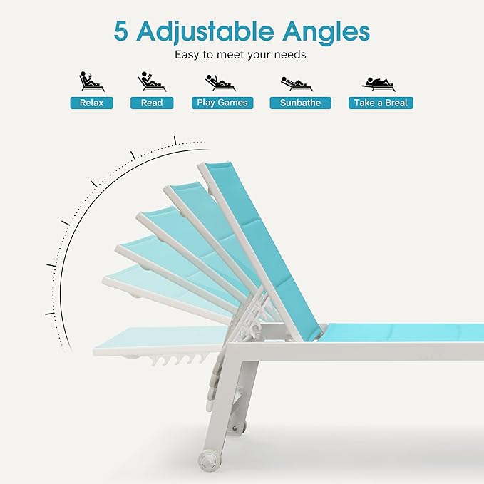 PURPLE LEAF Outdoor Chaise Lounge Set Adjustable Sunbathing Recliner with Side Table for Beach Poolside Outside Patio Aluminum Chaise Lounger Turquoise Blue