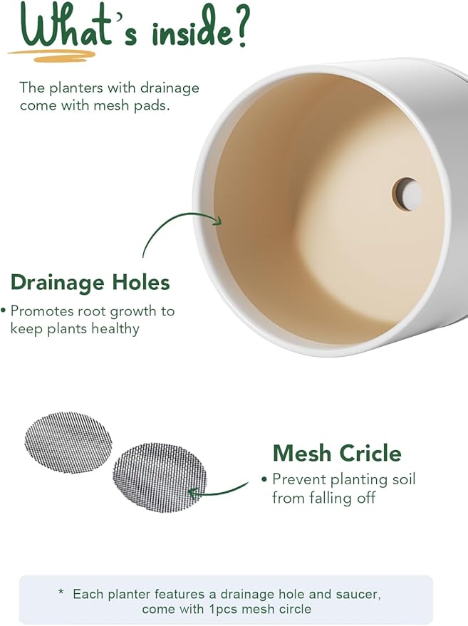 LE TAUCI Ceramic Plant Pots, 8 + 10 Inch Pots for Plants, Indoor Plant Pots for Home and Office, Modern Flower Pots Fit Mid Century Plant Stand, Planters with Drainage Holes and Saucers, White