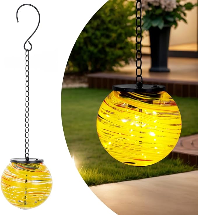 Solar Lanterns Outdoor Waterproof LED Lights 4.7" Glass Hanging Solar Lights with Metal Chain,Gazing Globe Ball Outdoor Decorative Lantern for Patio Pathway Yard Garden Decor(Yellow)