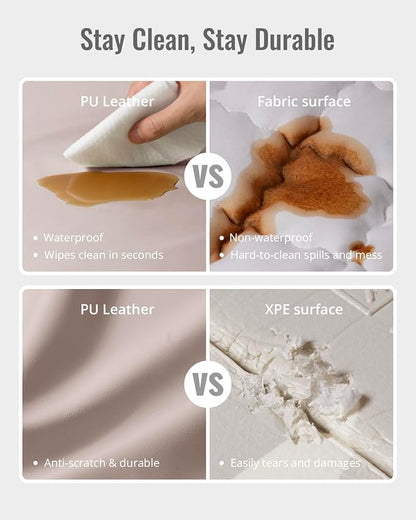 Blissful Diary Vegan Leather Baby Play Mat, 47x47 Thicken Foam Cushioned & Waterproof Playpen Mat for Infants and Toddlers, Stylish and Just Wipe-Clean Playmat for Baby Play on Floor, Taupe