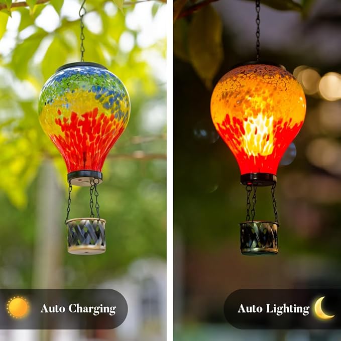 Starsoul Hot Air Balloon Solar Lantern with Flame Glass Hot Air Balloon Solar Light Waterproof Hanging Outdoor Lantern for Garden Yard Patio Decor