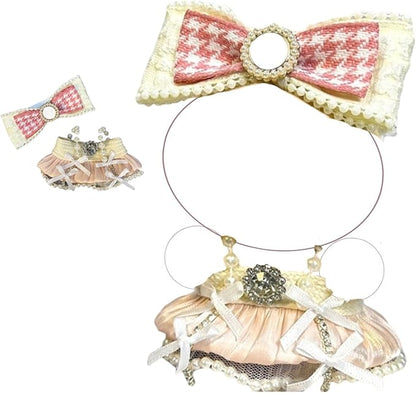 Clothes for 17cm Doll(Clothes Only)– 2-Piece Set Pearl Princess Dress and Pearl Houndstooth Bow Headband for a Unique Dressed-Up Look– Fashion Handmade Accessories for Doll(Pink)