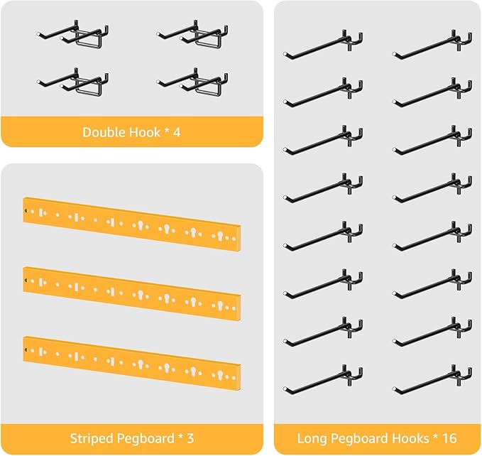 CCCEI 3 Modular Pegboard Strip Storage, Metal Peg Slat Wall Mount for Garage, Basement, Garden, Laundry Room Organization. Flexible Tool Organizer for Rake, Shovels, Crafting. Gifts for Men, Yellow.