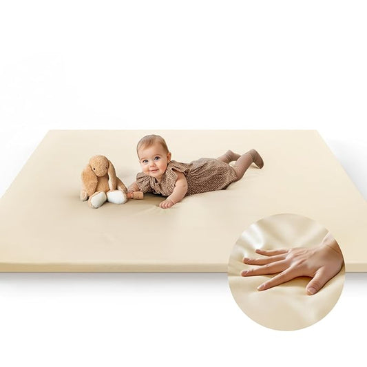 Mallify Baby Mat for Floor, Thick Soft Non-Toxic Vegan Leather Baby Play Mat, Waterproof Foam Play Mat, Padded Play Mat for Baby, 48x48 Playpen Mat, Infant Playmat for Baby Girls and Boys, Beige