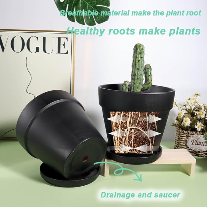 Vensovo 8 Inch Black Clay & Terracotta Pots for Plant with Saucer - 2 Pack Large Ceramic Terra Cotta Planter with Drainage Hole, Clay Flower Pot with Tray for Indoor Outdoor Plants
