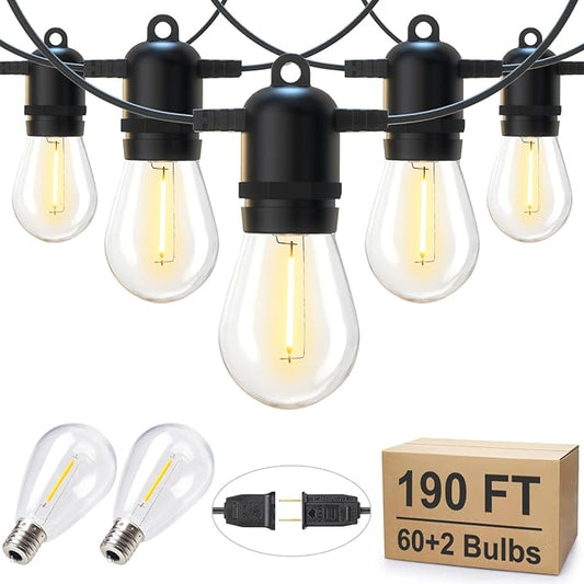 190FT Outdoor String Lights for Patio with 62 Shatterproof S14 Vintage Edison Bulbs, Waterproof Outside Hanging Lights for Backyard Deck Garden Party Xmas Decor, 2700K