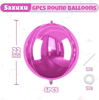 Giant 4D Foil Balloons, 6 Pcs Large Hot Pink Metallic Round Balloons, 22 Inch Big Round Hot Pink Foil Balloon for Kids Girls Prom Birthday Party Baby Shower Wedding Decorations