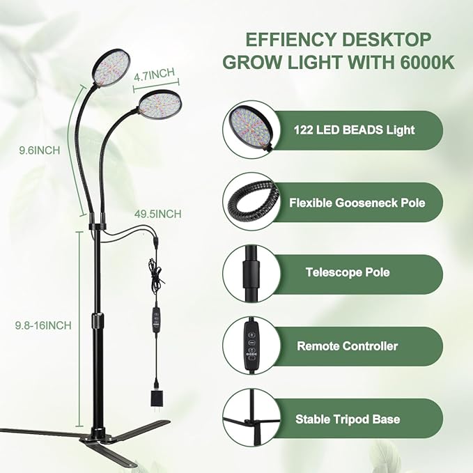YEOLEH Grow Light for Indoor Desk Plants, 4.7’’ LED Dual Ring, 6000K White Gooseneck Full Spectrum Plant Growing Lamp with 5 Levels Brightness & Timer 4/8/12/18Hrs