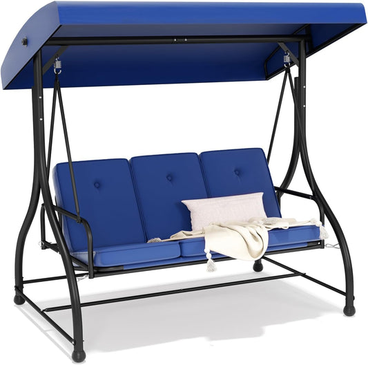 3-Seat Patio Swing Chair Outdoor Heavy Duty Steel Frame with Adjustable Canopy Removable Cushions - All Weather Porch Swings Glider for Backyard, Garden, Poolside - Navy Blue