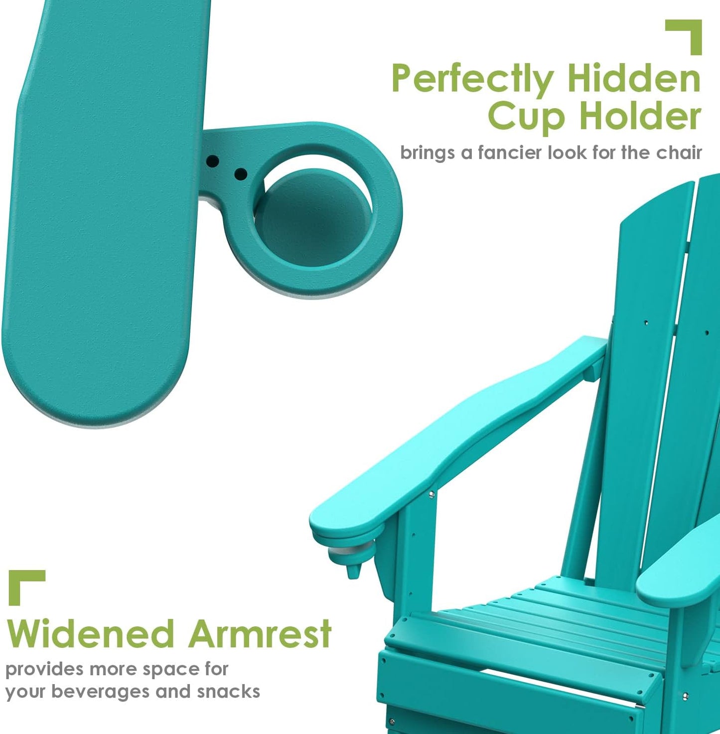 GREENVINES Folding-Adirondack-Chairs-Set-of-2 | HDPE Plastic | Fire Pit Chair | All Weather | Cup Holder | Aqua | for Deck Backyard Patio Outdoor Garden