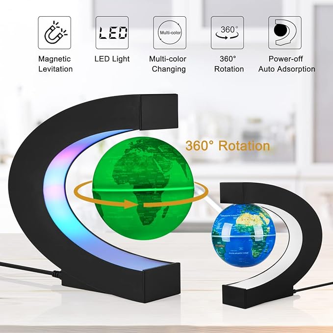 Levitating Globe with LED Lights, Multi-Color Changing Magnetic Levitation Globe Rotating Floating World Map Globe Lamp Office Home Desk Decoration Gadget for Friend Birthday Gifts