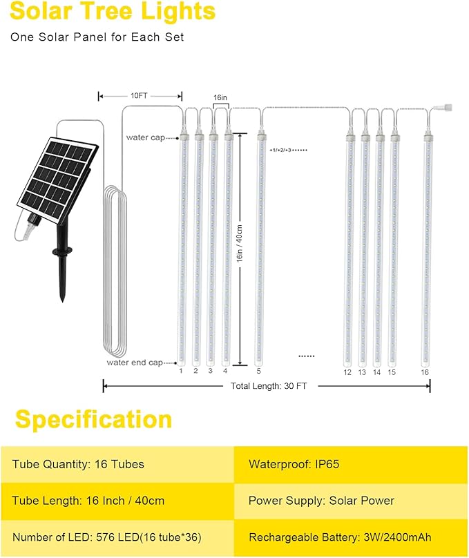 Meteor Shower Rain Lights Solar Christmas Lights Outdoor Falling Rain Drop Lights Snowfall Icicle Cascading String Lights 16 Tubes 16 Inch 576LED for Xmas Tree Wedding Party Holiday Patio Garden Decor