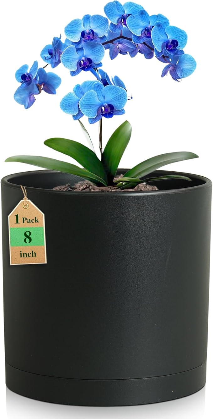 8 Inch Medium Plant Pots for Indoor Outdoor Plants, Cylinder Deep Flower Pots with Drainage Holes & Saucer, Decorative Plastic Planter Pots for Garden House Plants, Black