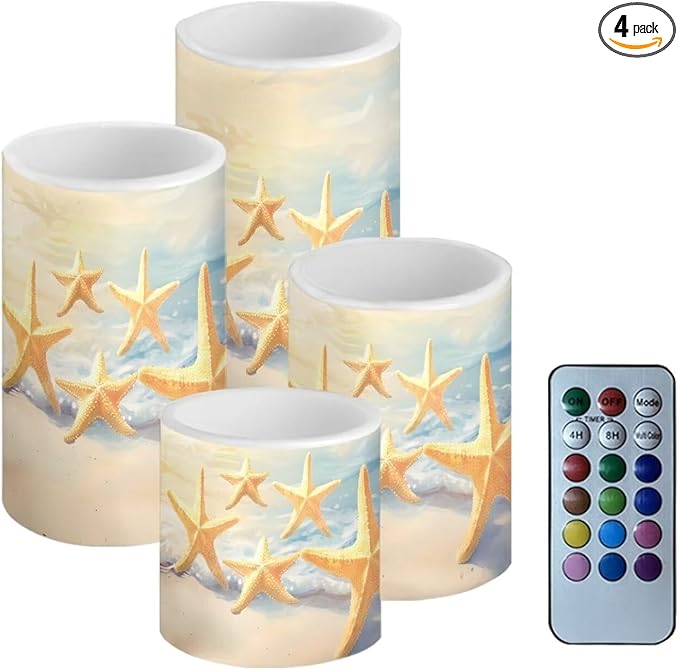 Flameless Candles Battery Powered LED Candle with Remote Timer Color Changing Control Set of 4 for Indoor Outdoor Beach Wedding Home Decoration, Coastal Gold Starfish