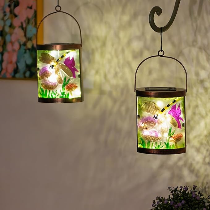 Starsoul 2 Pack Hanging Solar Lantern Outdoor Waterproof Glass Dragonfly Decorative Solar Lights for Outside Garden Yard Table Patio Decor