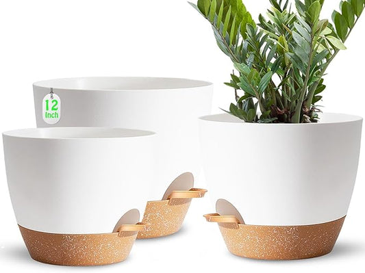 Plant Pots,12+10+9 Inch Self Watering Pots with Drainage Hole for Indoor Plants Large Flower Pot, Plants Pots Indoor Outdoor,Modern White Plastic Planters for Indoor Plants