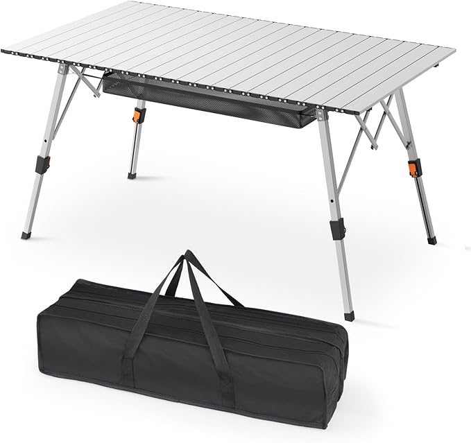 Athena Collection Foldable Camping Table, 47" Aluminum Outdoor Folding Camp Table with Mesh Layer Telescopic Legs and Carry Bag, Lightweight and Portable for Outdoor Camping Picnic Grilling, Silver