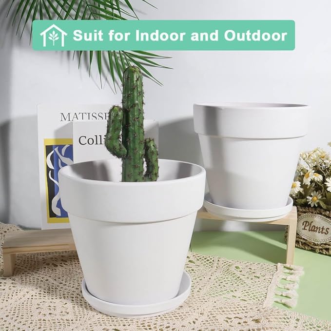 vensovo 8 Inch White Clay & Terracotta Pots for Plant with Saucer - 2 Pack Large Ceramic Terra Cotta Planter with Drainage Hole, Clay Flower Pot with Tray for Indoor Outdoor Plants