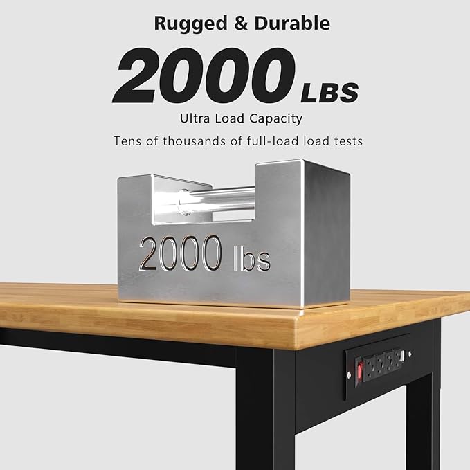 60"x24" Adjustable Workbench with Wheels, Solid Wood Top Work Bench, 2000 LBS Heavy-Duty Worktable with Power Outlets, Portable Work Station for Repair Shop, Workshop, Office
