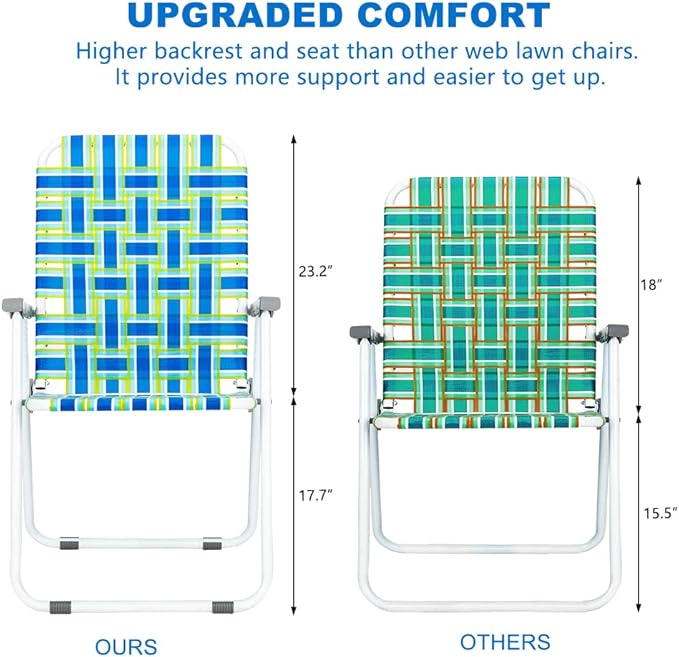 VINGLI Patio Lawn Webbed Folding Chairs Set of 2, Outdoor Beach Portable Lawn Chair Camping Chair Beach Chair for Yard, Garden Dining (Blue, Classic)
