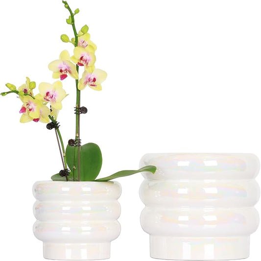 7.8 Inch + 5.7 inch 2 pcs Ceramic Plant Pots for Indoor Plants, Rainbow Pearl Glaze Planter with Planters for Plants with Drainage Hole, Orchid Pots, Succulent Pot, Flower Pot (White)