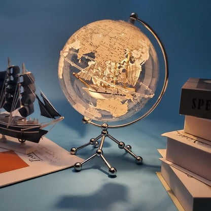 White Earth Globe (Diam. 20 cm/7.9 inches), Desktop Night Light, World Map, Sailboat, Warm White Light