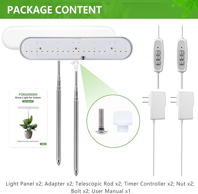 FOXGARDEN® Grow Light, Full Spectrum LED Grow Lamp, Plant Lights for Indoor，Auto Timer 4/8/12H, 4 Dimmable, Height Adjustable 8.5"-24", Growing Lights 2 Pack