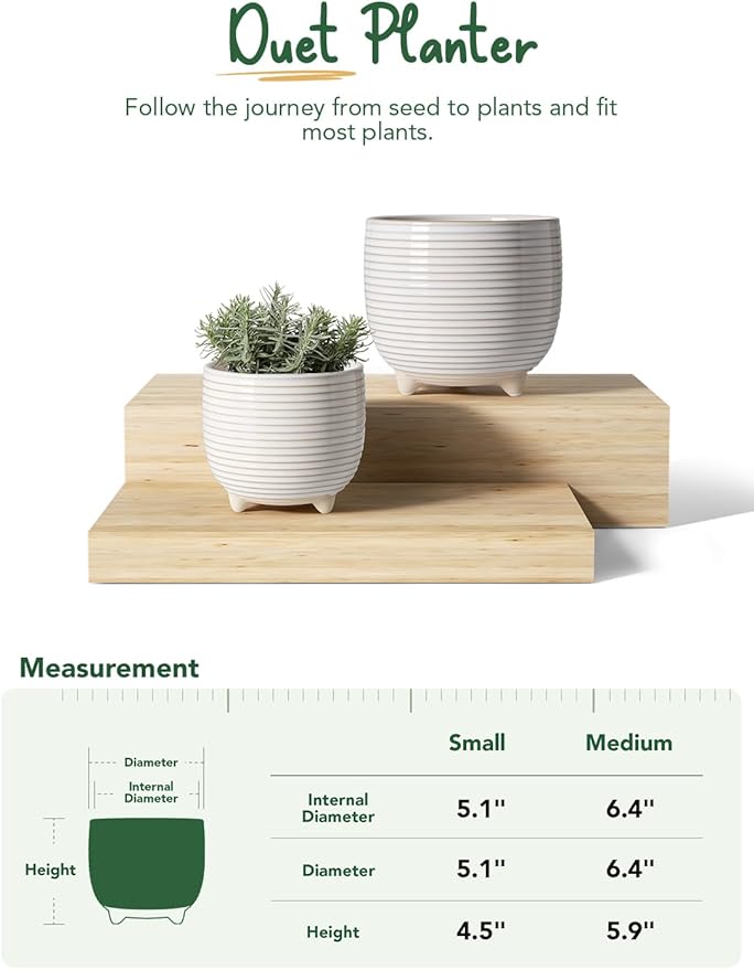 LE TAUCI Ceramic Plant Pots, 5.1 + 6.4 Inch Footed Pots for Plants, Modern Flower Pots for Home and Office, Indoor Planters with Drainage, Reactive Glaze White